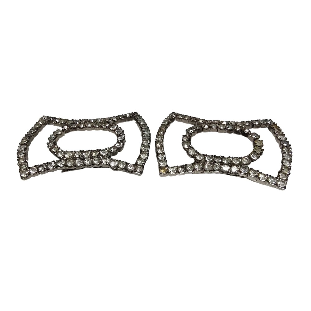Vintage Shoe Clips Silver Tone Pronged Clear Rhinestones Lot of‎ Two SEE